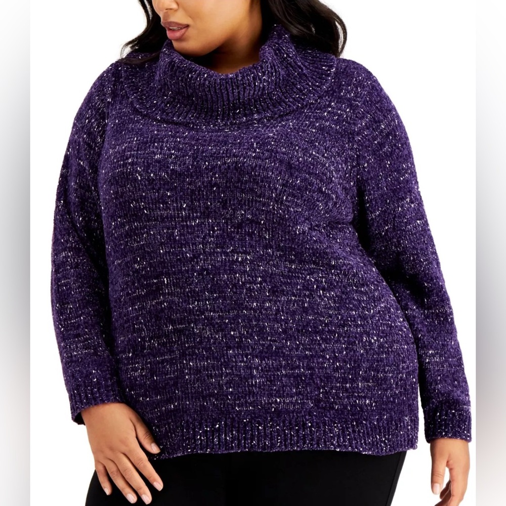 CALVIN KLEIN Womens Purple Speckle Long Sleeve Cowl Neck Sweater Plus 1X